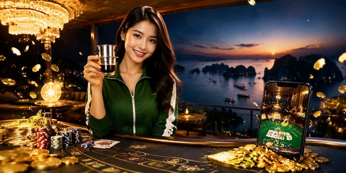 Người chơi Baccarat thư giãn tại vịnh Hạ Long với ly cà phê