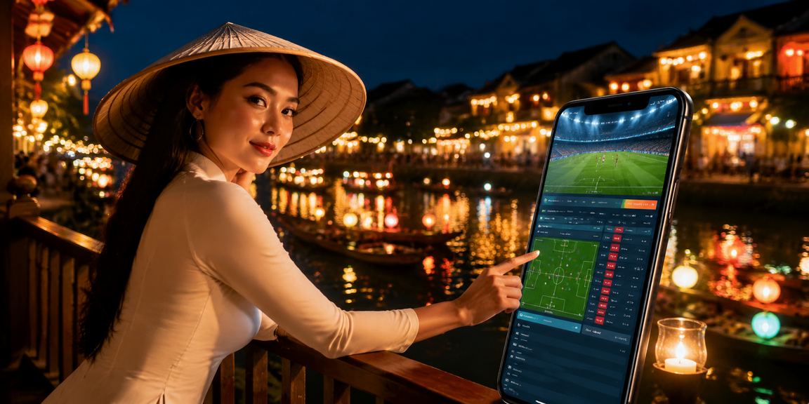 Người chơi sử dụng điện thoại chơi casino tại Hội An với nón lá truyền thống